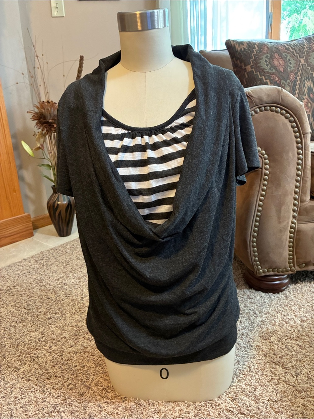 Gray/white all in one top. Cowl neck and flattering back